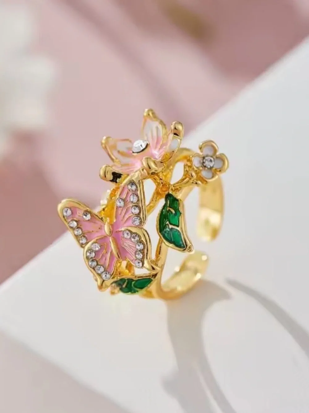 Anthropologie Gold Tone Ring with Pink Enamel Butterfly & Floral Accents